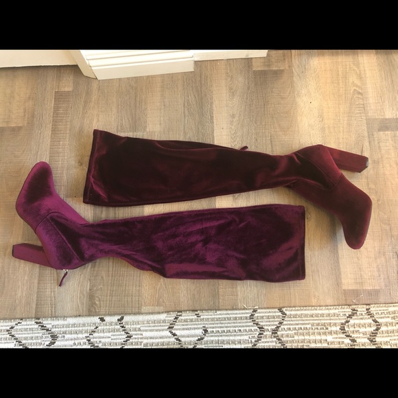 Red Velvet Over the Knee Boots - Picture 3 of 6